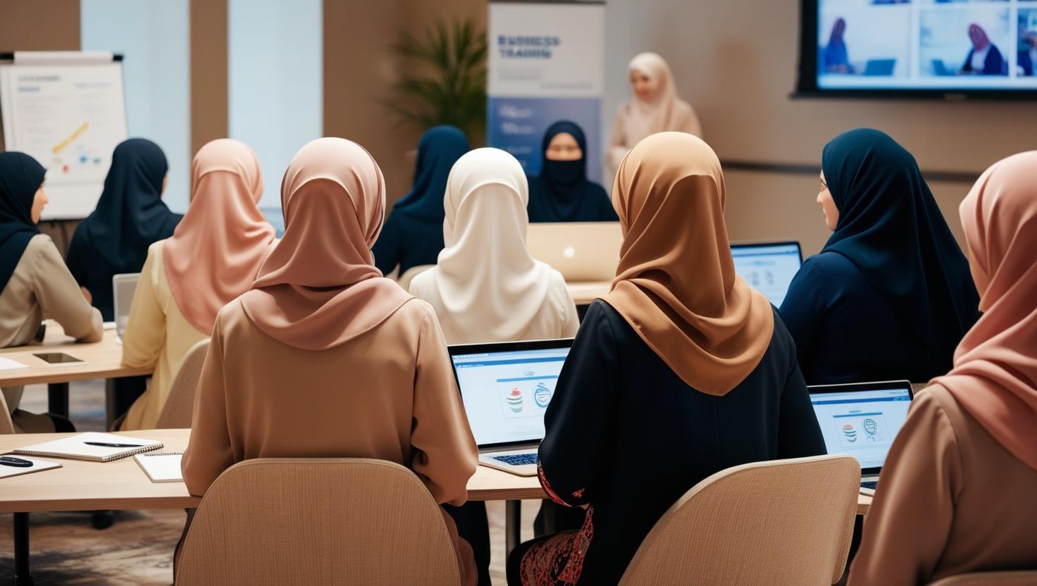 ultra realistic image of a group of Muslim women in a business training not showing their face, dress modestly in islamic attire. image view should be from behind. (1)