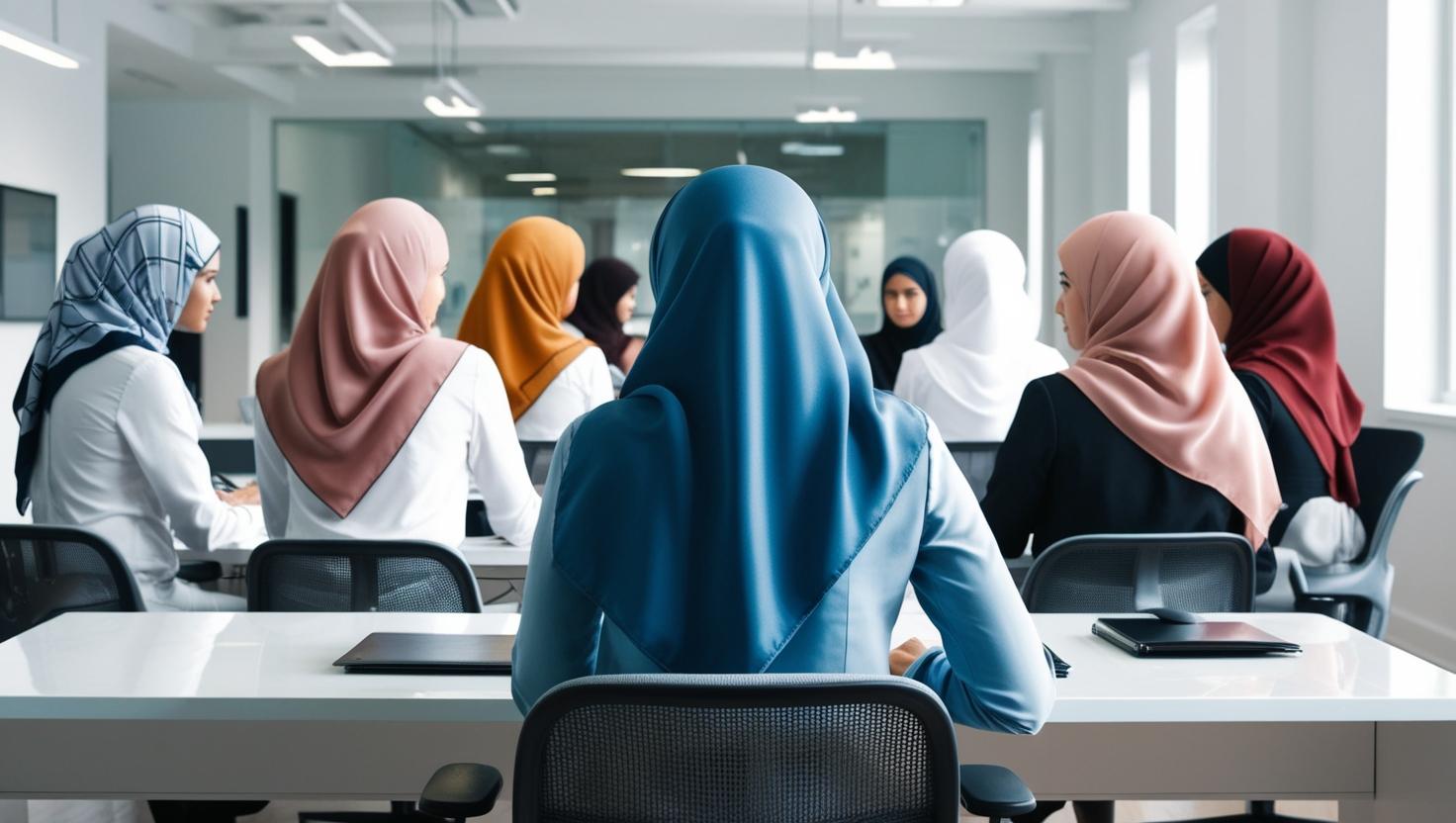 ultra realistic image of a group of Muslim women working in an office not showing their face. image view should be from behind.